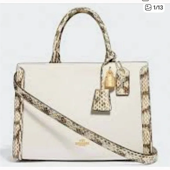 Coach Zoe Carryall Leather with Exotic Snake Skin Details W/ Lock and Key - Picture 1 of 14